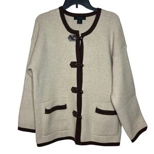 TAHARI Women Medium Cardigan Sweater Beige Brown Trim Toggle Closure Pockets